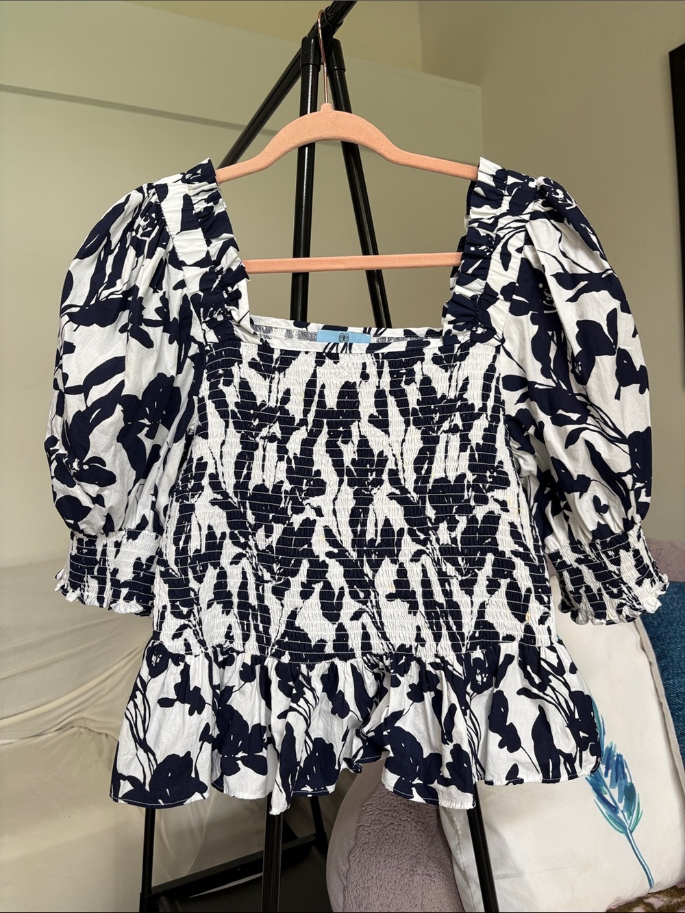 CeCe Navy and White Smocked Puff-Sleeve Floral Top